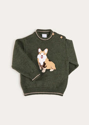 Corgi Embroidered Button Detail Jumper in Green (18mths-10yrs) Knitwear from Pepa London
