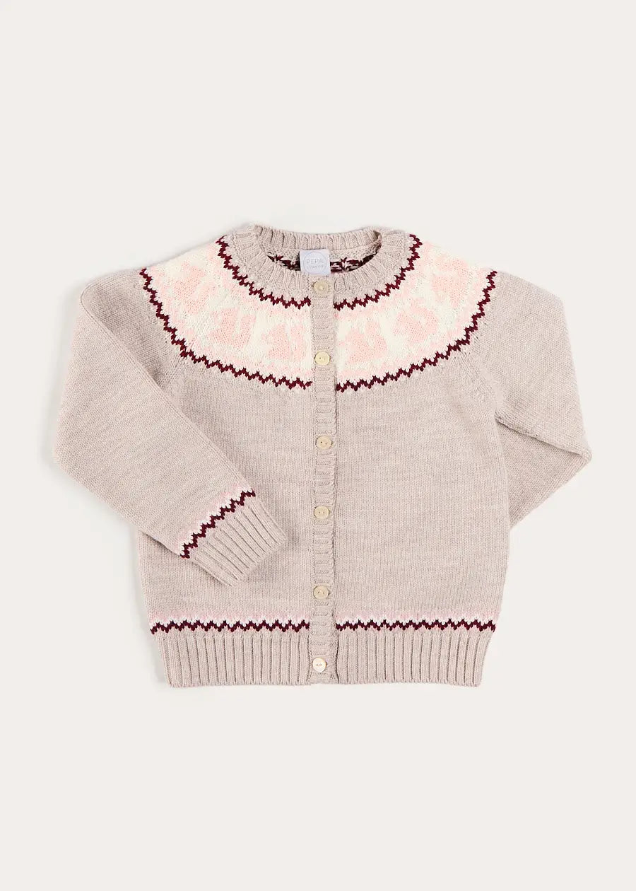 Squirrel Jacquard Knitted Cardigan in Camel (6mths-5yrs) Knitwear from Pepa London