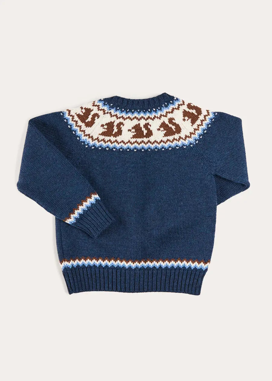 Squirrel Jacquard Knitted Cardigan in Navy (6mths-5yrs) Knitwear from Pepa London