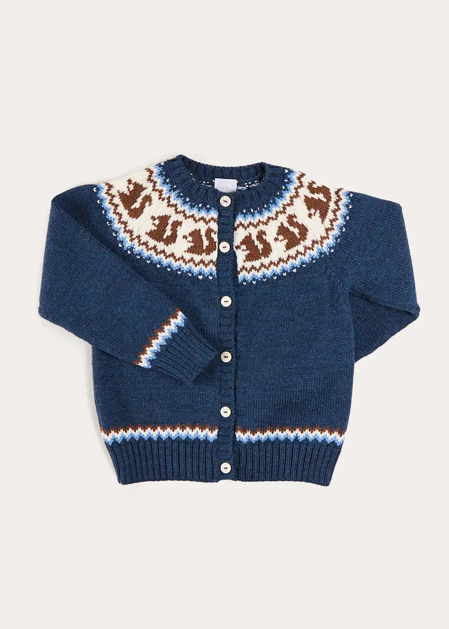 Squirrel Jacquard Knitted Cardigan in Navy (6mths-5yrs) Knitwear from Pepa London