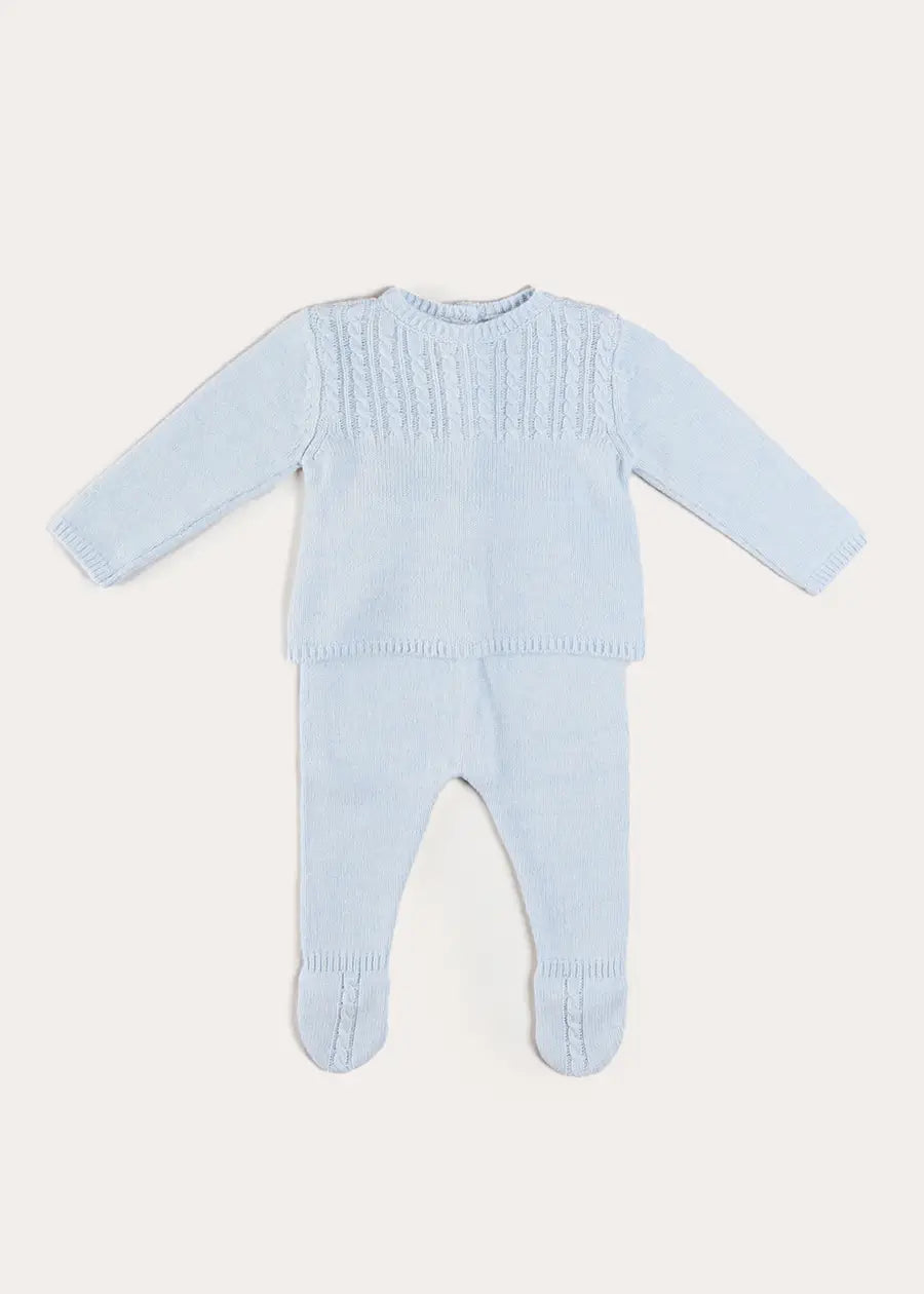 Cashmere Long Sleeve Cable Knitted Set in Blue (1mth-12mths) Knitted Sets from Pepa London