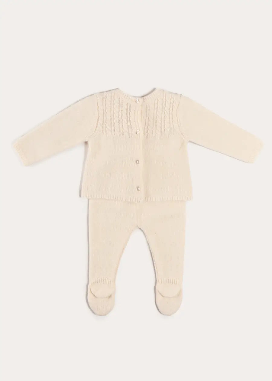 Cashmere Long Sleeve Cable Knitted Set in Cream (1mth-12mths) Knitted Sets from Pepa London