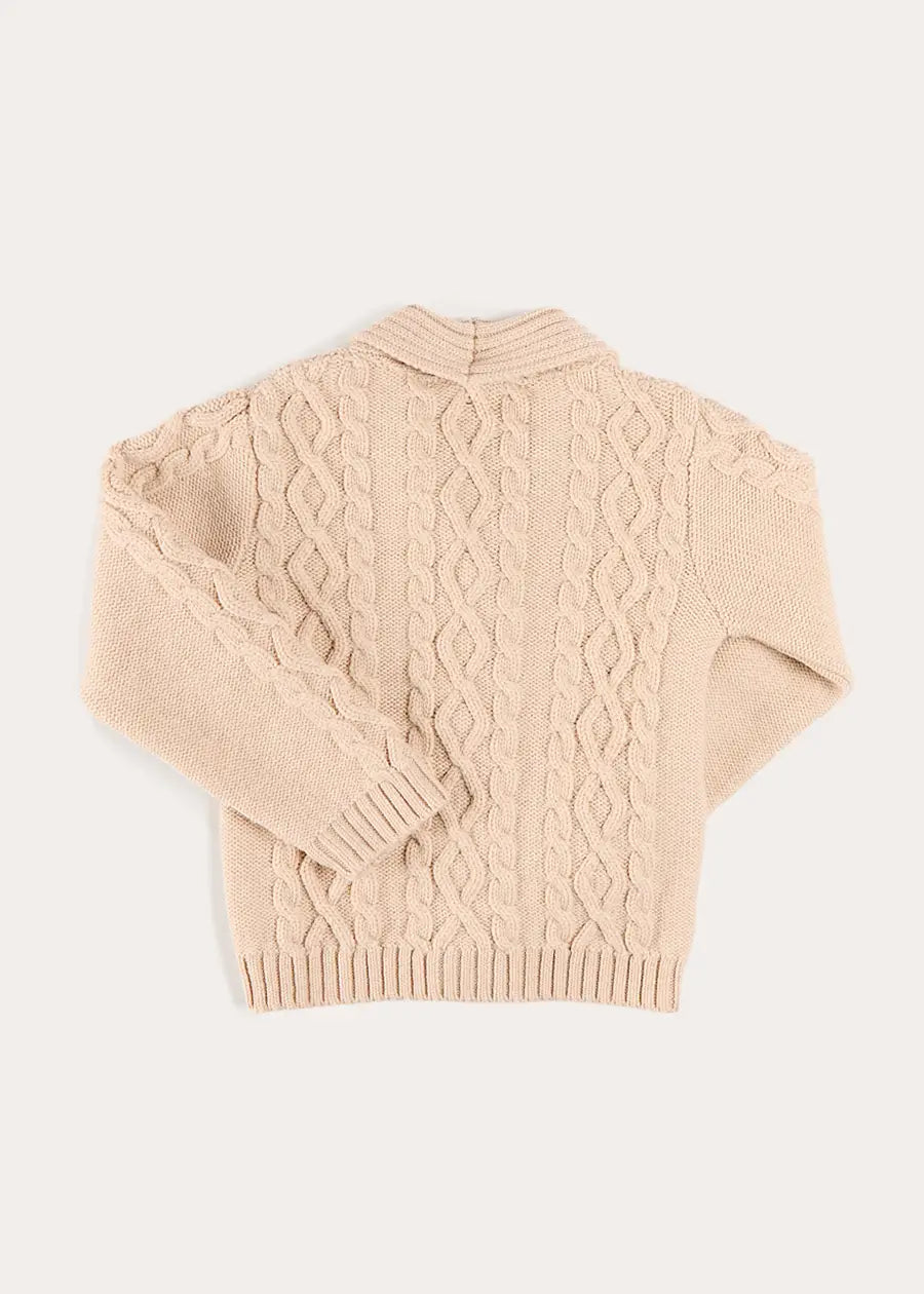 Cable Knit Shawl Neck Cardigan in Camel (2-10yrs) Knitwear from Pepa London