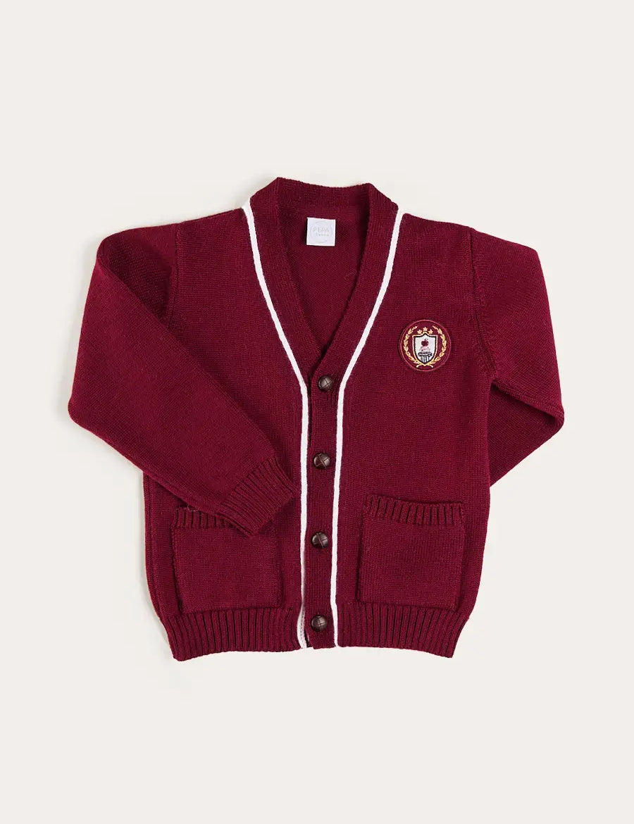 Apple Crest Pocket Detail with White Trim Cardigan in Burgundy (3-10yrs) Knitwear from Pepa London