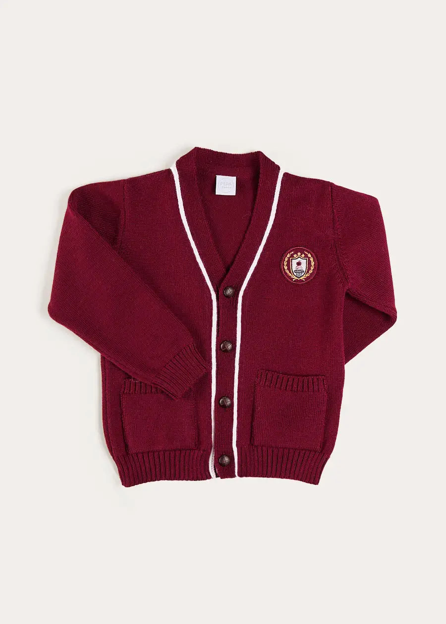 Apple Crest Pocket Detail with White Trim Cardigan in Burgundy (3-10yrs) Knitwear from Pepa London