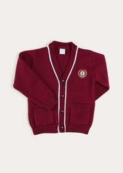 Apple Crest Pocket Detail with White Trim Cardigan in Burgundy (3-10yrs) Knitwear from Pepa London