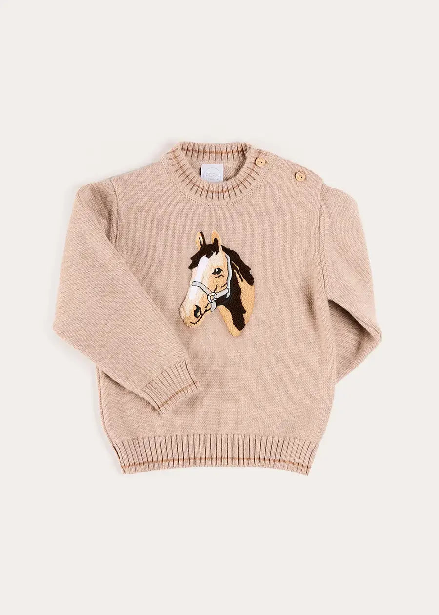 Horse Embroidered Button Detail Jumper in Beige (18mths-10yrs) Knitwear from Pepa London