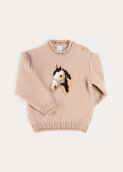 Horse Embroidered Button Detail Jumper in Beige (18mths-10yrs) Knitwear from Pepa London