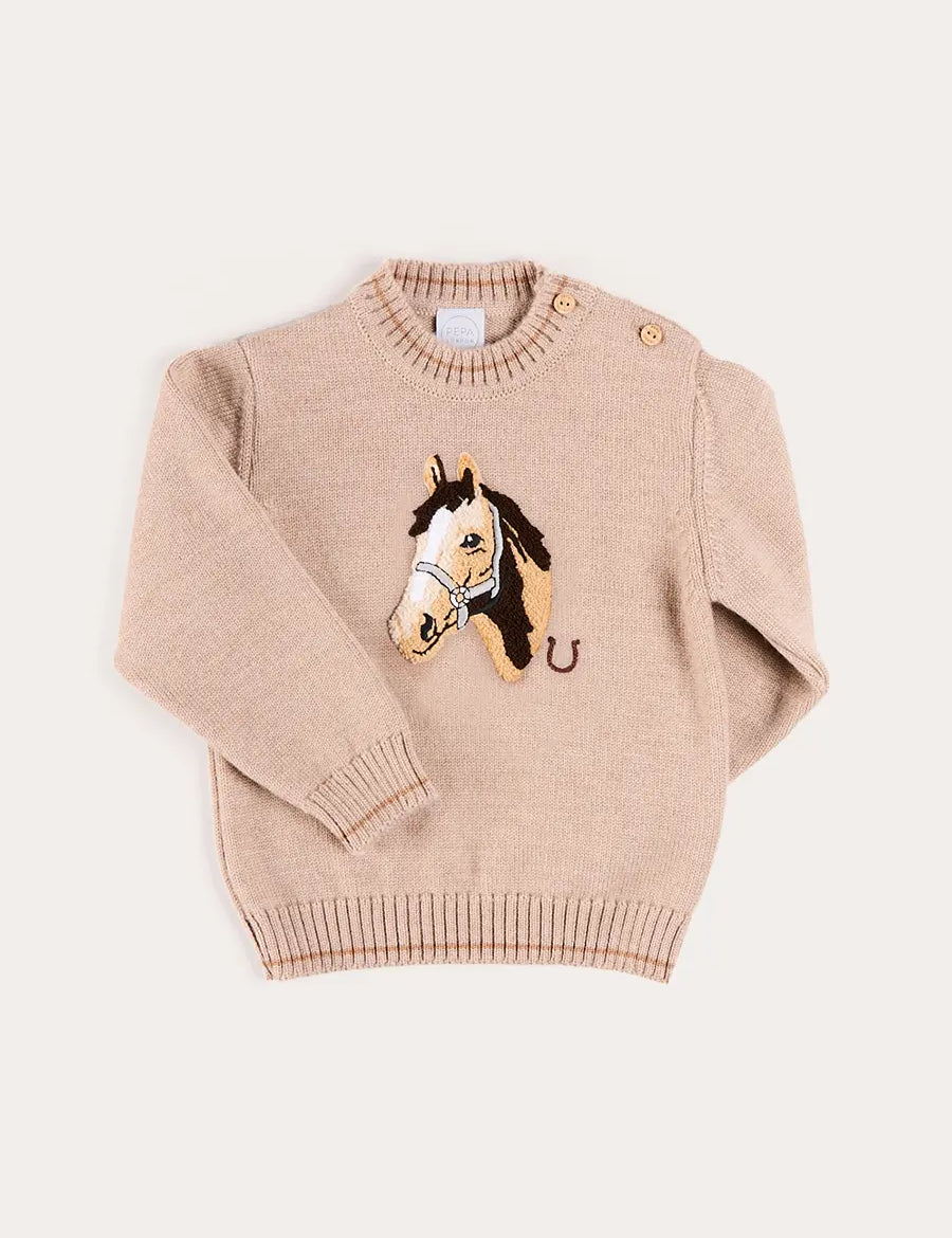 Horse Embroidered Button Detail Jumper in Beige (18mths-10yrs) Knitwear from Pepa London