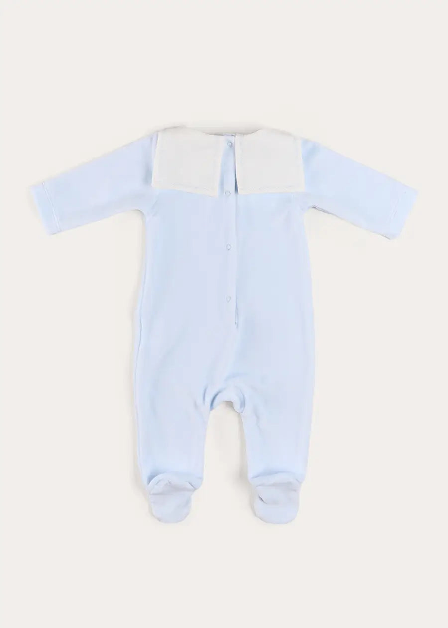 Floral Detail Embroidered Collar Velour All In One in Blue (1mth-12mths) #N/A from Pepa London