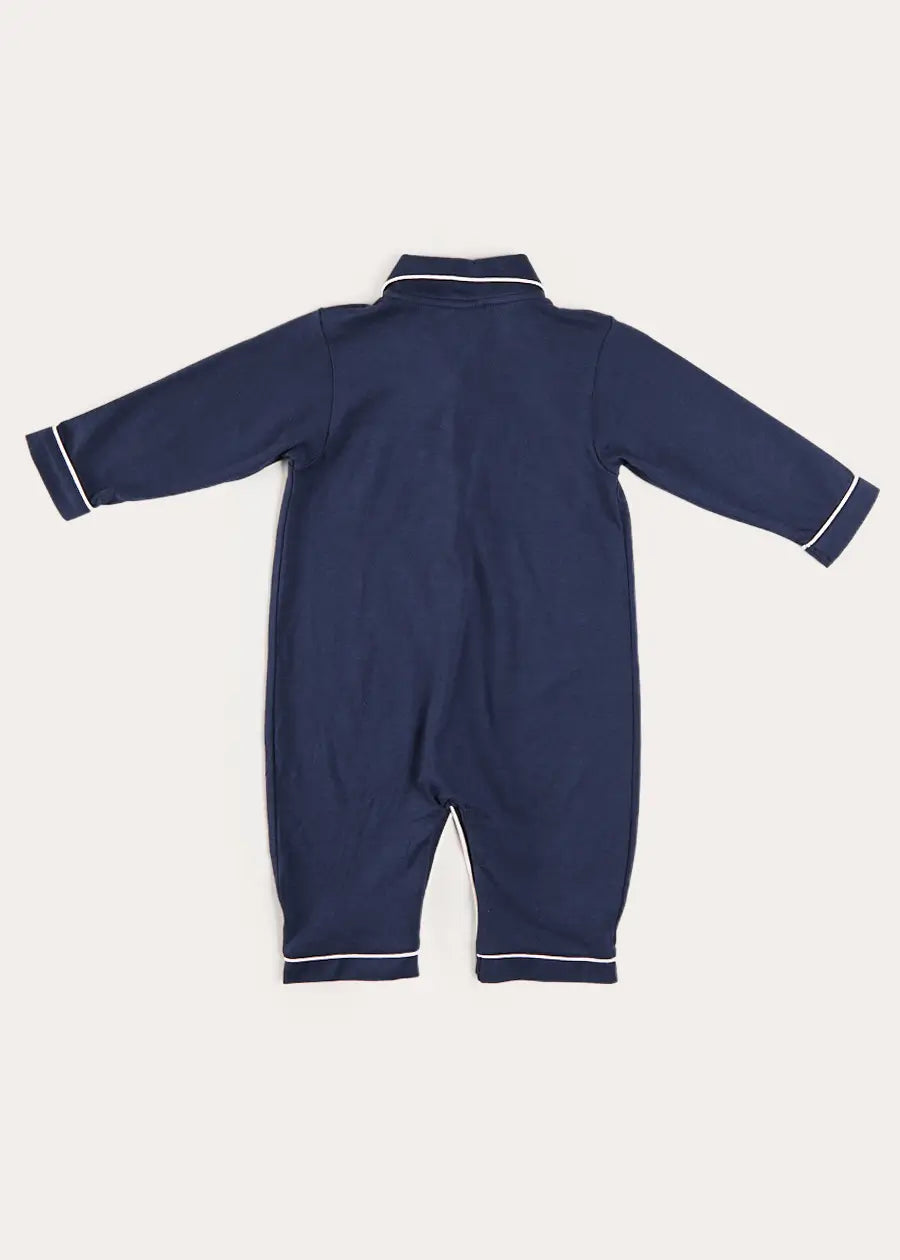 Rocking Horse Embroidered Pima Cotton All In One Pyjamas in Navy (6mths-3yrs) NIGHTWEAR from Pepa London