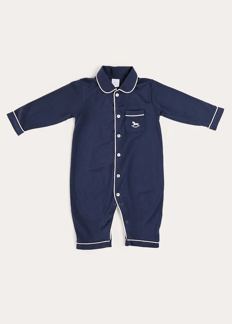 Rocking Horse Embroidered Pima Cotton All In One Pyjamas in Navy (6mths-3yrs) NIGHTWEAR from Pepa London