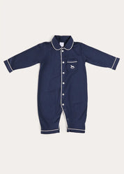 Rocking Horse Embroidered Pima Cotton All In One Pyjamas in Navy (6mths-3yrs) NIGHTWEAR from Pepa London