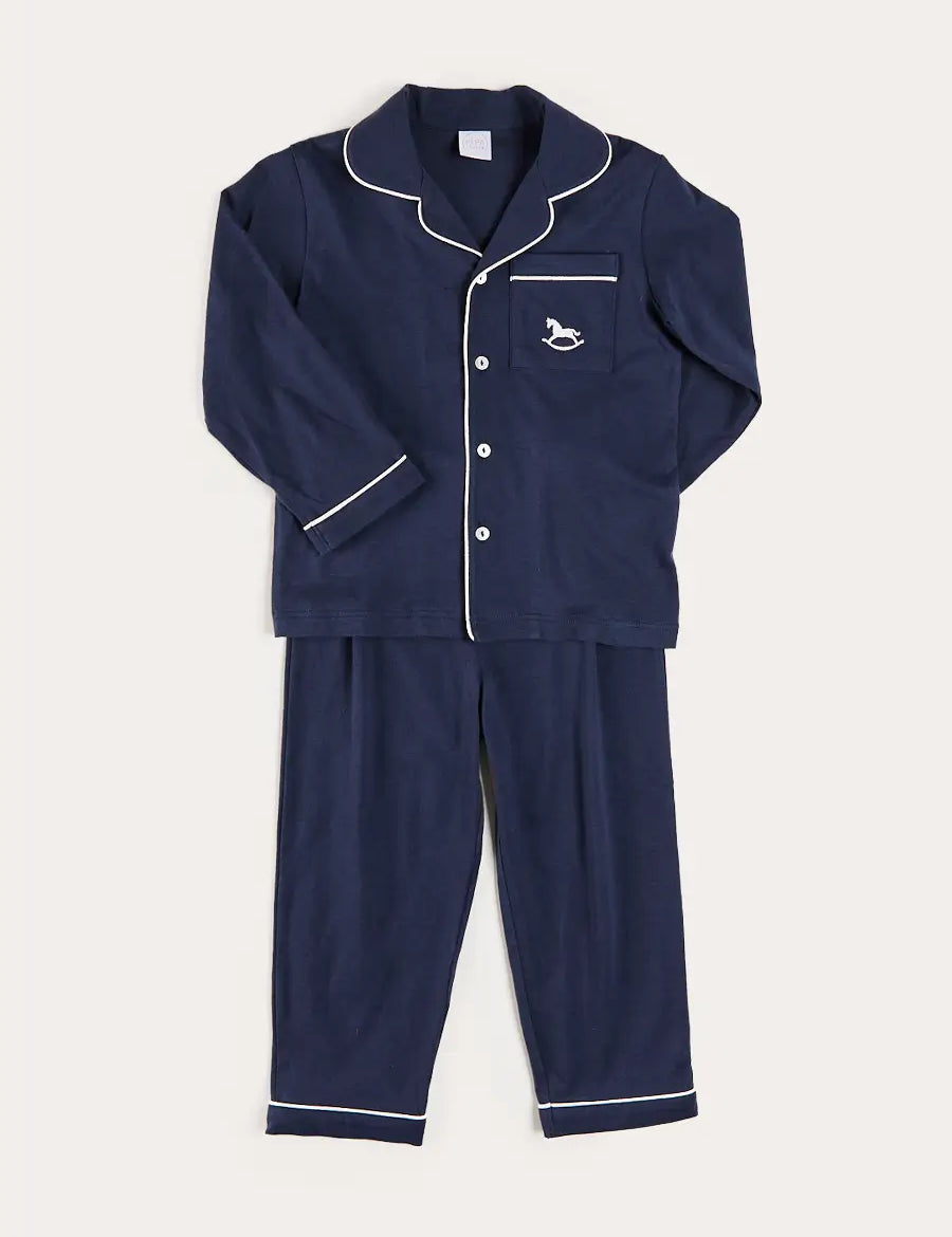 Rocking Horse Embroidered Pocket Detail Long Sleeve Pyjamas in Navy (18mths-10yrs) Nightwear from Pepa London