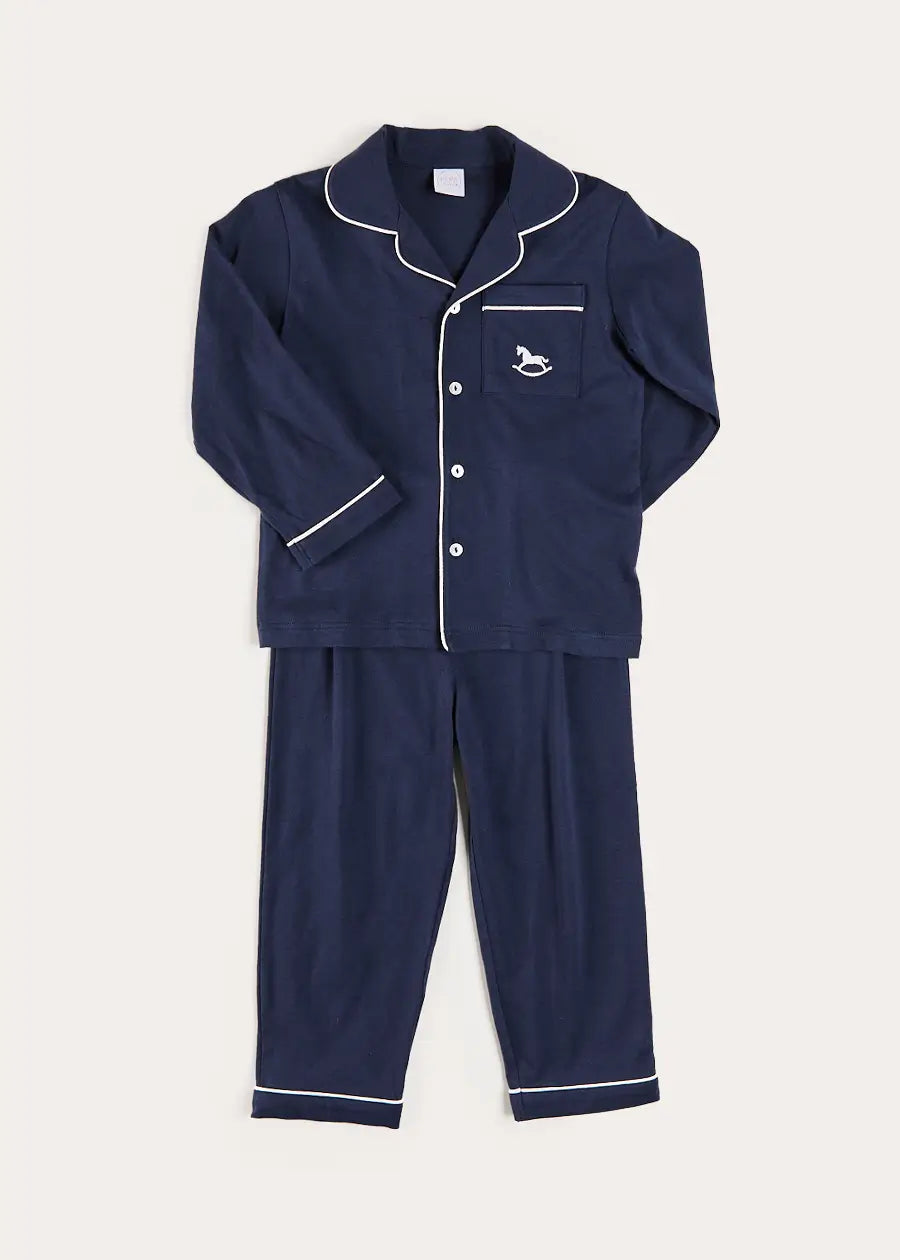 Rocking Horse Embroidered Pocket Detail Long Sleeve Pyjamas in Navy (18mths-10yrs) Nightwear from Pepa London