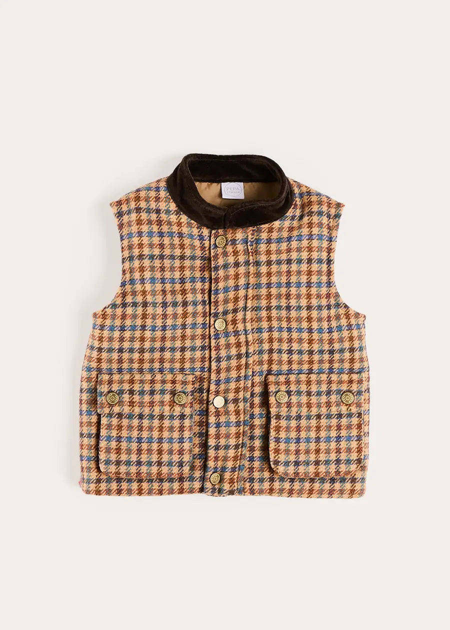 Vincent Check Velvet Collar Pocket Detail Vest Gillet in Brown (4-10yrs) Coats from Pepa London