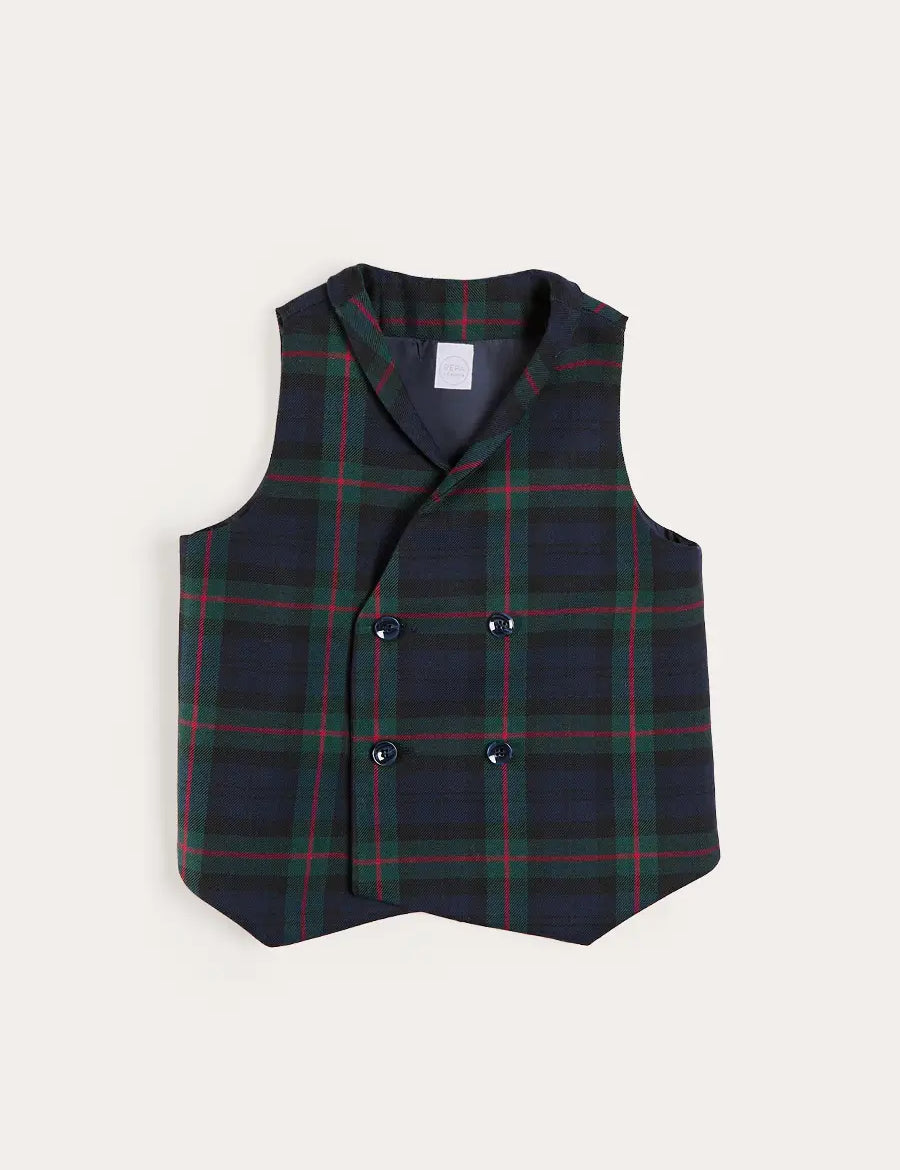 Kinnerton Tartan Double Breasted Waist Coat Vest in Green (4-10yrs) Coats from Pepa London