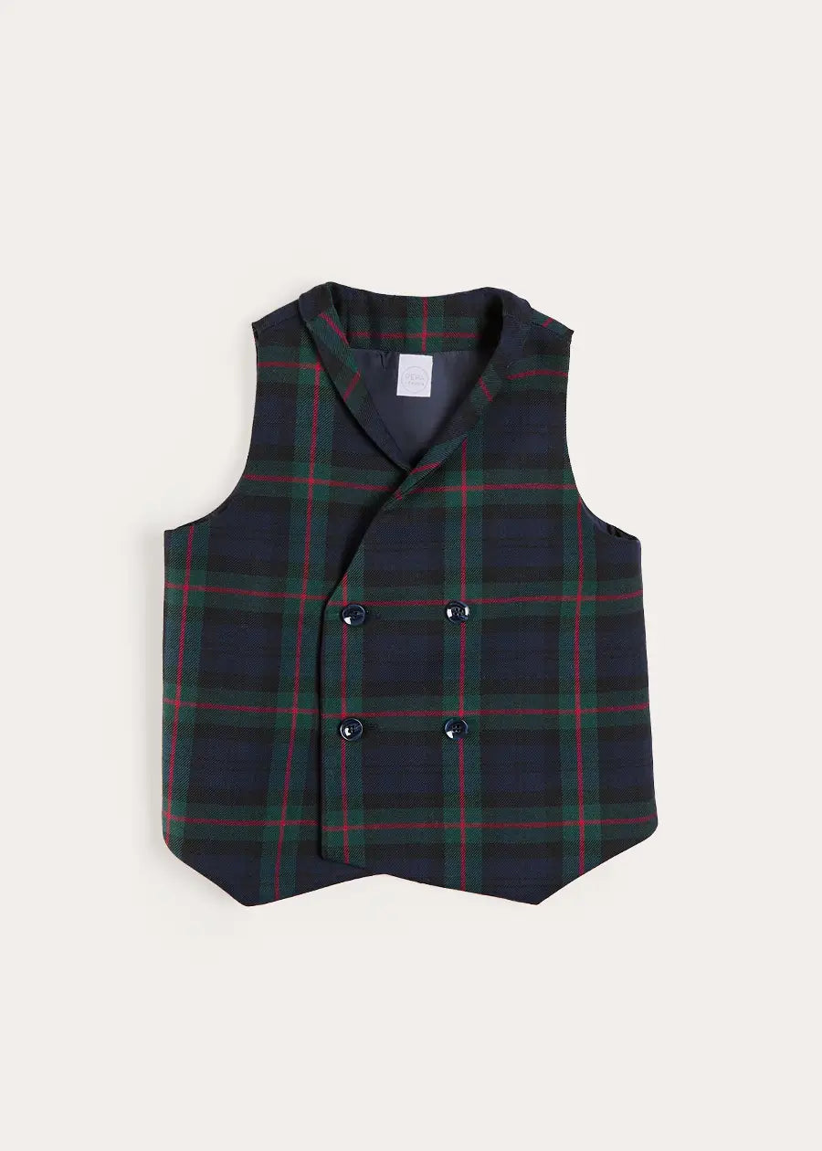 Kinnerton Tartan Double Breasted Waist Coat Vest in Green (4-10yrs) Coats from Pepa London