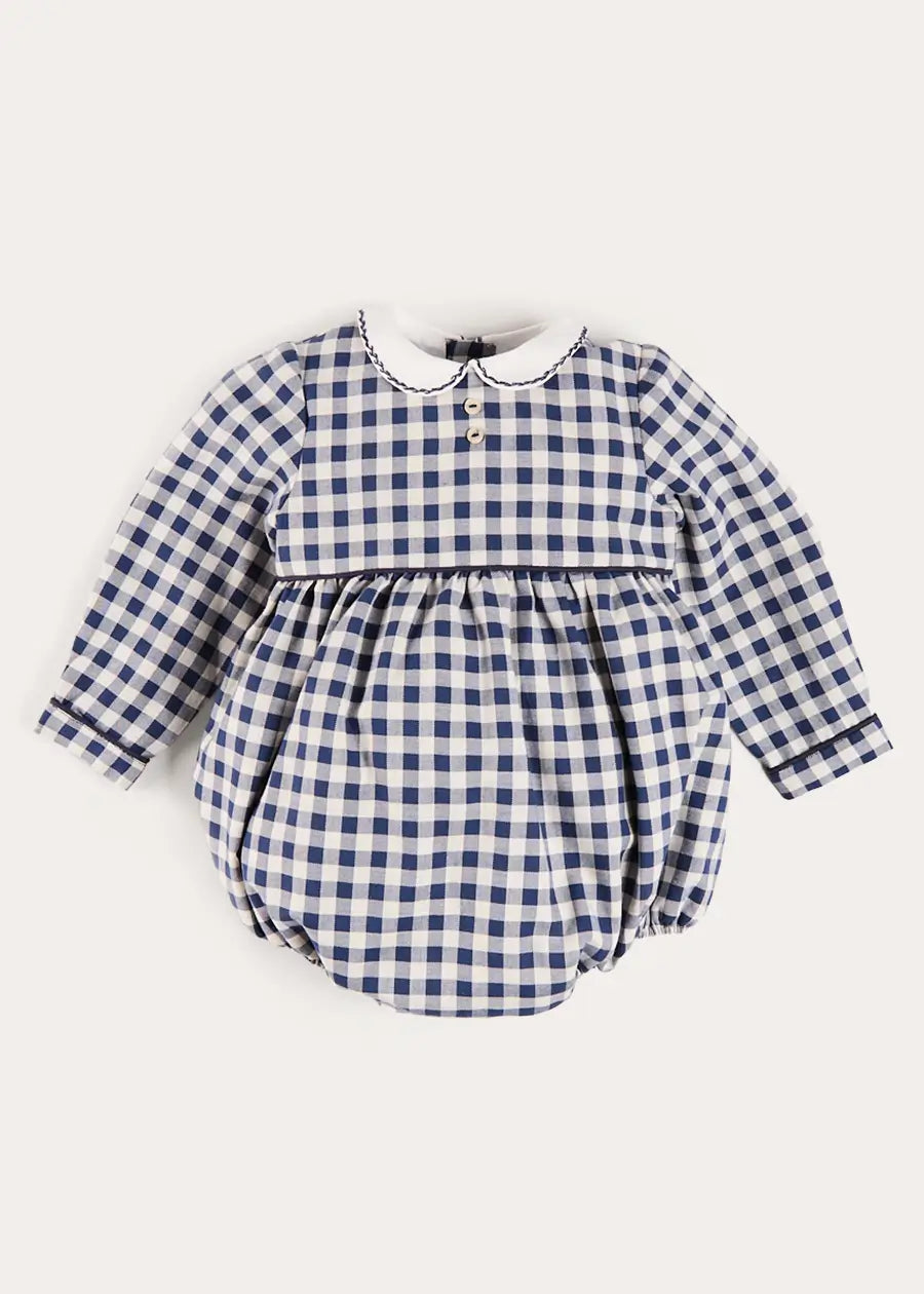 Draycott Check Peter Pan Collar Long Sleeve Romper in Blue | Pepa London Draycott Check Peter Pan Collar Long Sleeve Romper in Blue | Pepa London