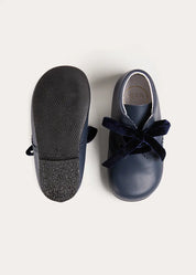 Leather Velvet Ribbon Lace Up Booties in Navy (17-26EU) Shoes from Pepa London