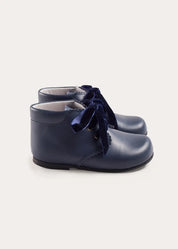 Leather Velvet Ribbon Lace Up Booties in Navy (17-26EU) Shoes from Pepa London