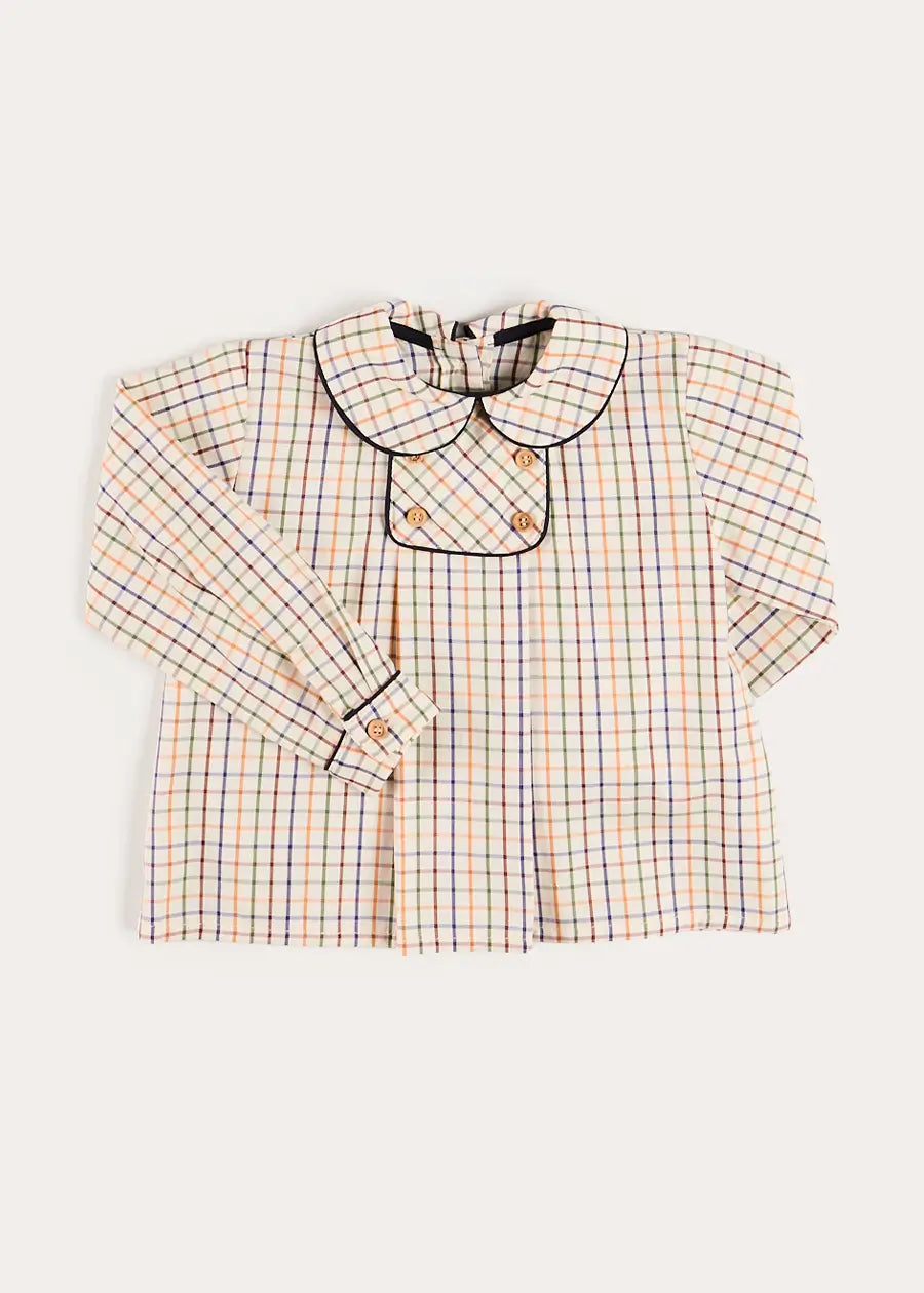 Rutland Check Double Breasted Long Sleeve Shirt in Beige (12mths-4yrs) Shirts from Pepa London