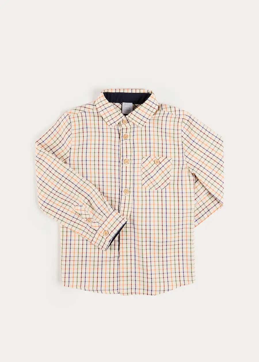 Rutland Check Polo Collar Long Sleeve Shirt in Beige (3-10yrs) Shirts from Pepa London