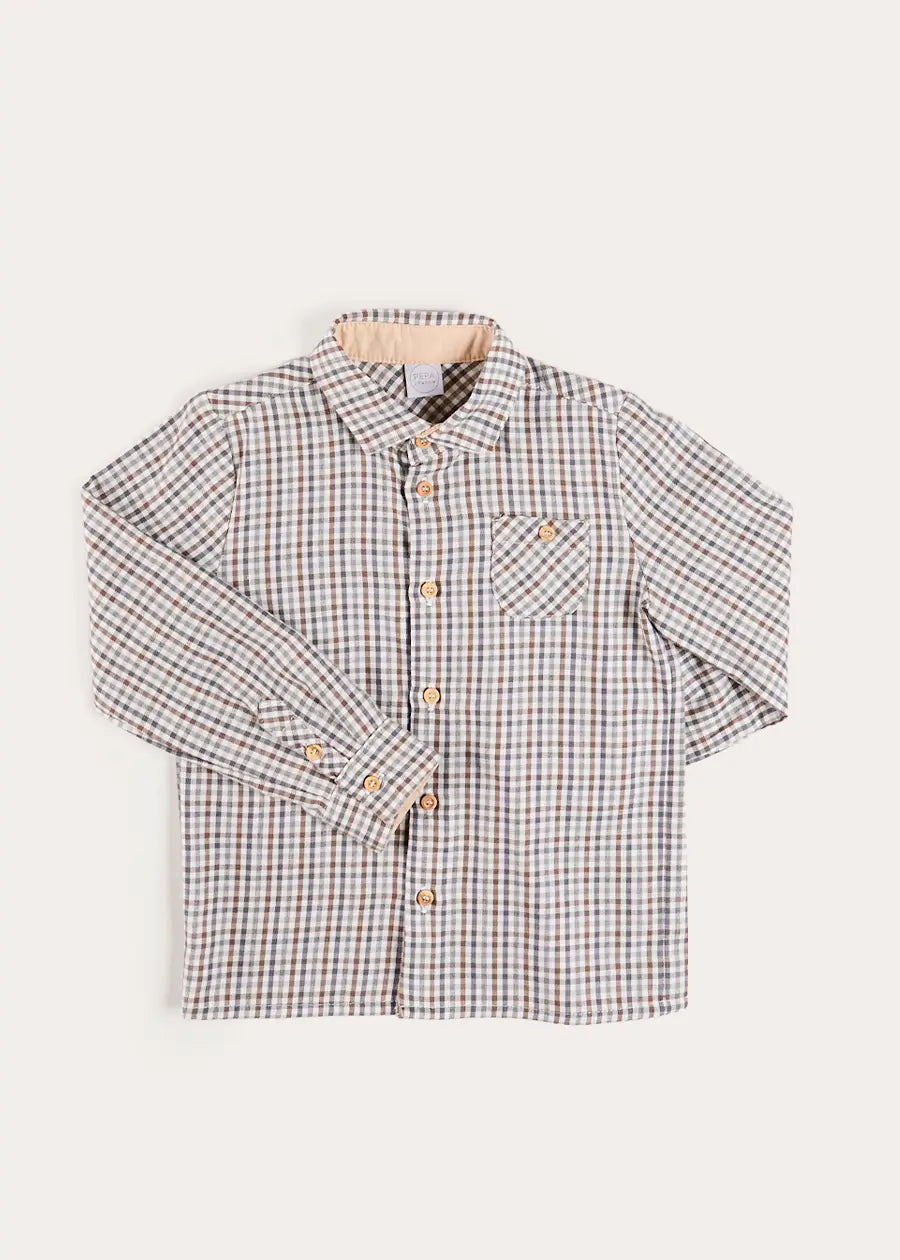 Cadogan Houndstooth Polo Collar Long Sleeve Shirt in Beige (3-10yrs) Shirts from Pepa London