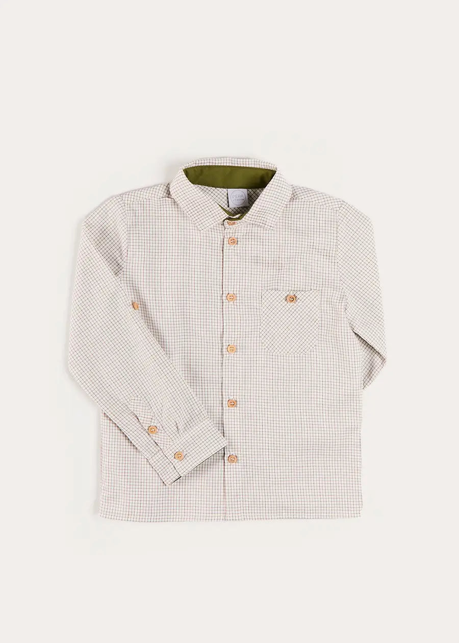 Ambrose Check Polo Collar Long Sleeve Shirt in Beige (12mths-10yrs) Shirts from Pepa London