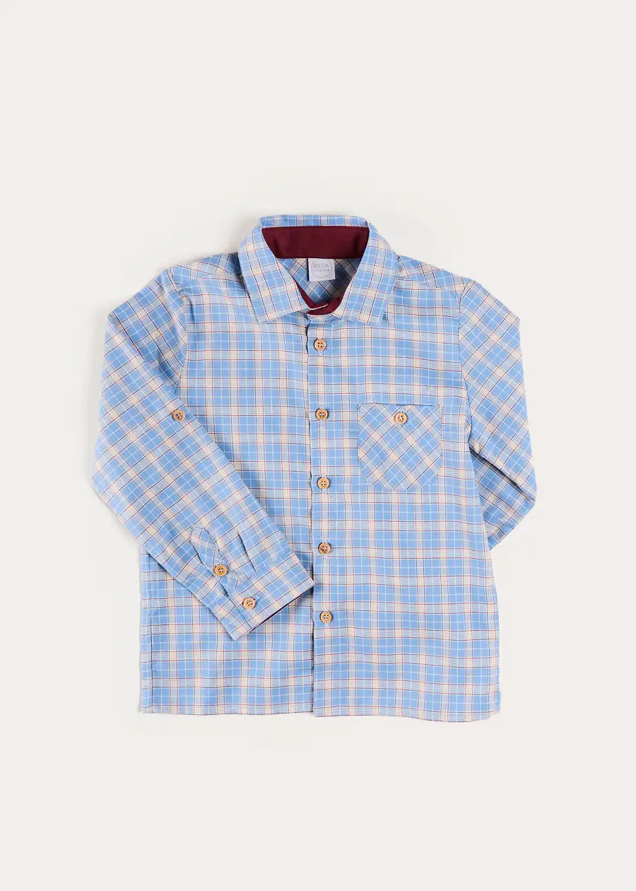 Denby Check Polo Collar Long Sleeve Shirt in Blue (3-10yrs) Shirts from Pepa London