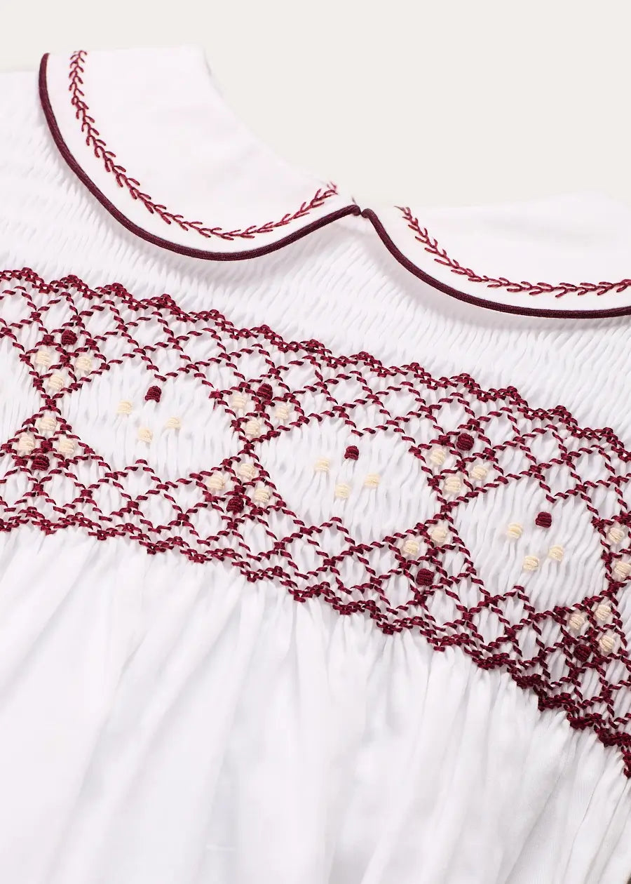 Hand Smocked Peter Pan Collar Short Sleeve Two Piece Set in Burgundy (18mths-6yrs) TWO PIECE SETS from Pepa London