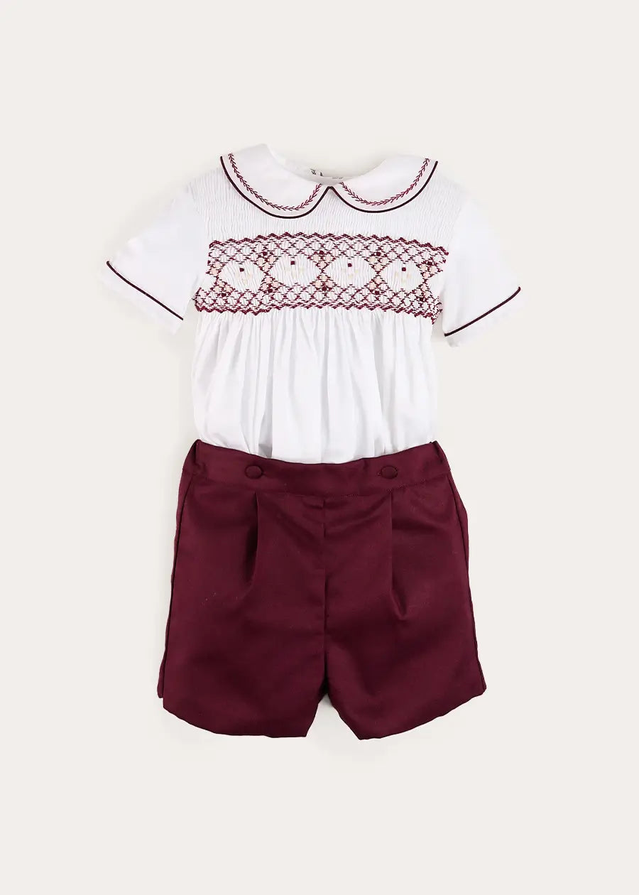 Hand Smocked Peter Pan Collar Short Sleeve Two Piece Set in Burgundy (18mths-6yrs) TWO PIECE SETS from Pepa London