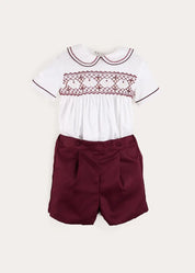 Hand Smocked Peter Pan Collar Short Sleeve Two Piece Set in Burgundy (18mths-6yrs) TWO PIECE SETS from Pepa London