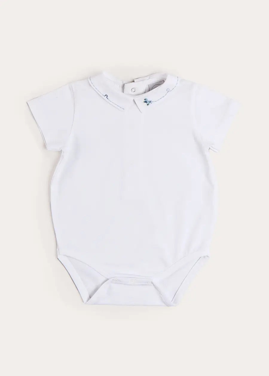 Plane Embroidery Short Sleeve Bodysuit in White (3mths-3yrs) Tops & Bodysuits from Pepa London