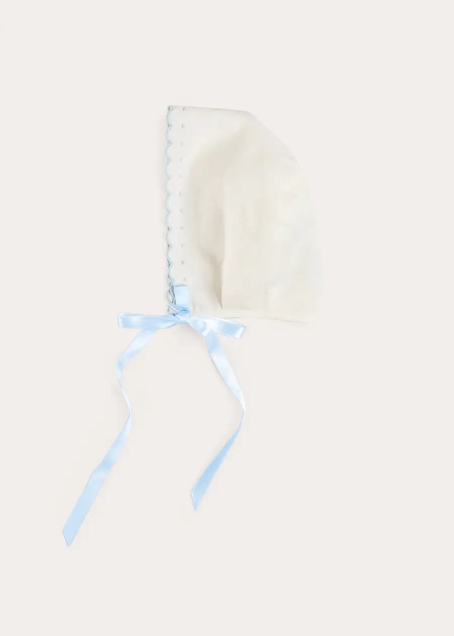 Scallop Edge Embroidered Bonnet in Blue (S-L) Bonnets from Pepa London