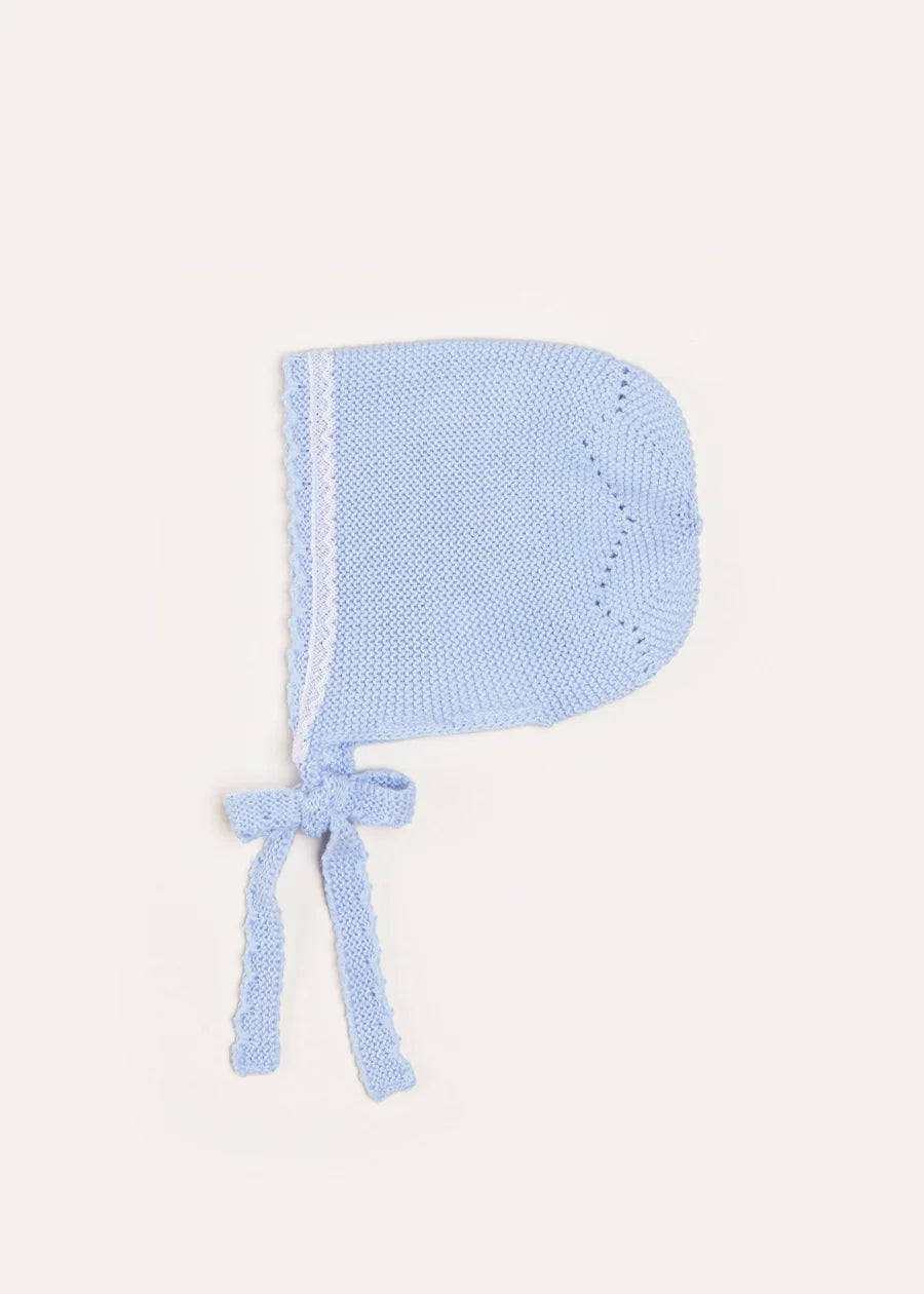 Lace Detail Knitted Bonnet in Light Blue (0-9mths) Bonnets from Pepa London
