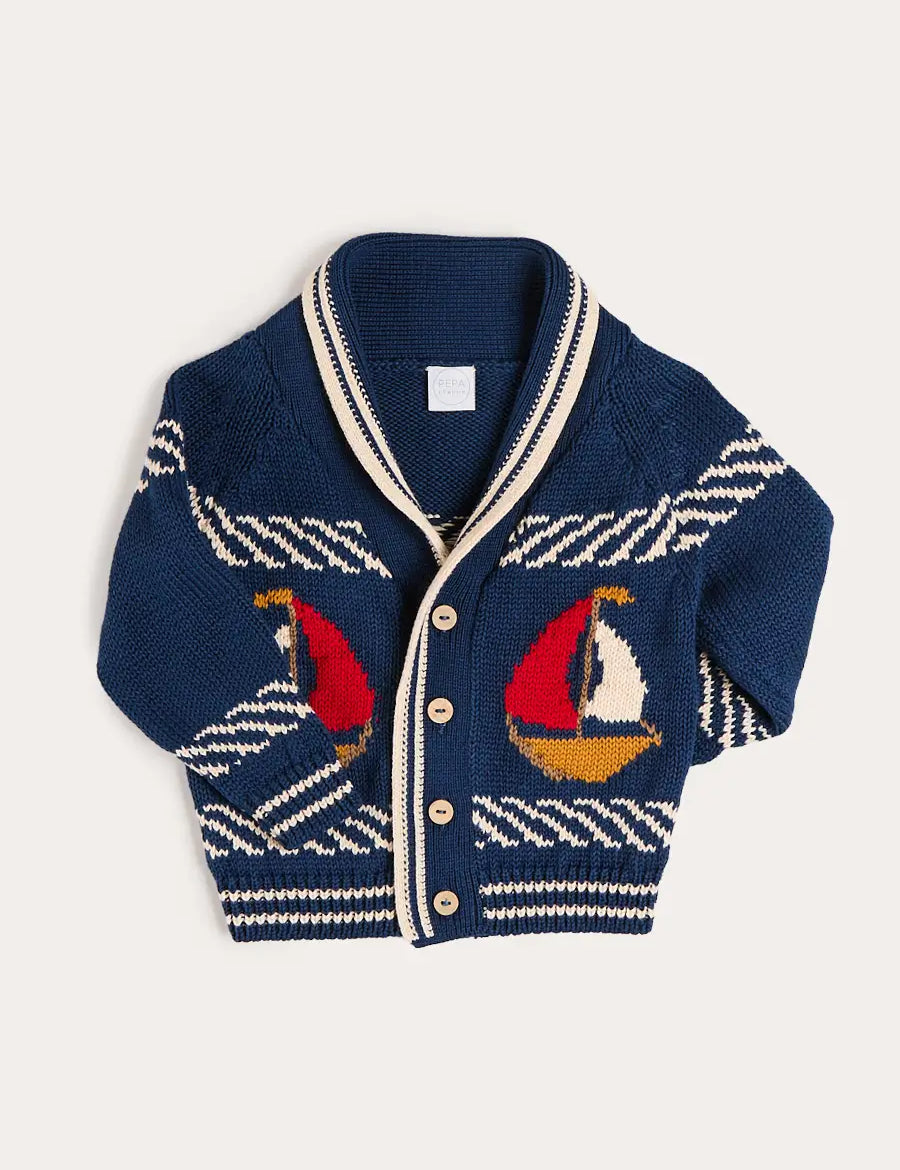 Boat Motif Knitted Cardigan in Navy (2- 10yrs) Knitwear from Pepa London