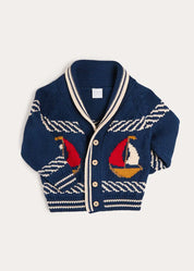 Boat Motif Knitted Cardigan in Navy (2- 10yrs) Knitwear from Pepa London