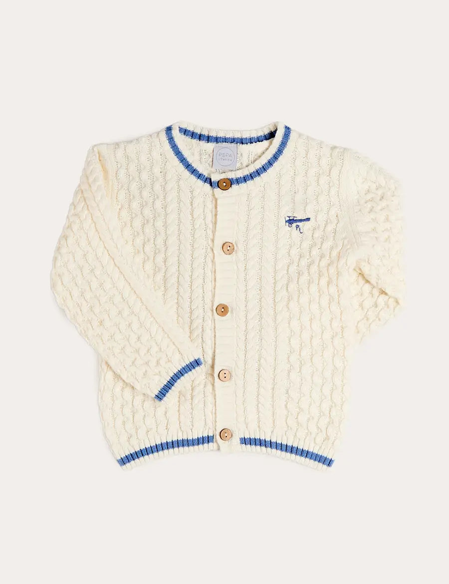 Plane Embroidered Cable Knit Cardigan in Cream (12mths-6yrs) Knitwear from Pepa London