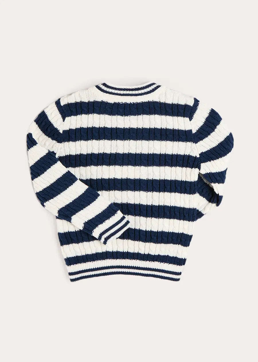 Anchor Motif Cable Knit Sailor Stripe Jumper in Navy (12mths- 10yrs) Knitwear from Pepa London