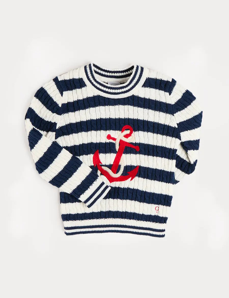 Anchor Motif Cable Knit Sailor Stripe Jumper in Navy (12mths- 10yrs) KNITWEAR from Pepa London