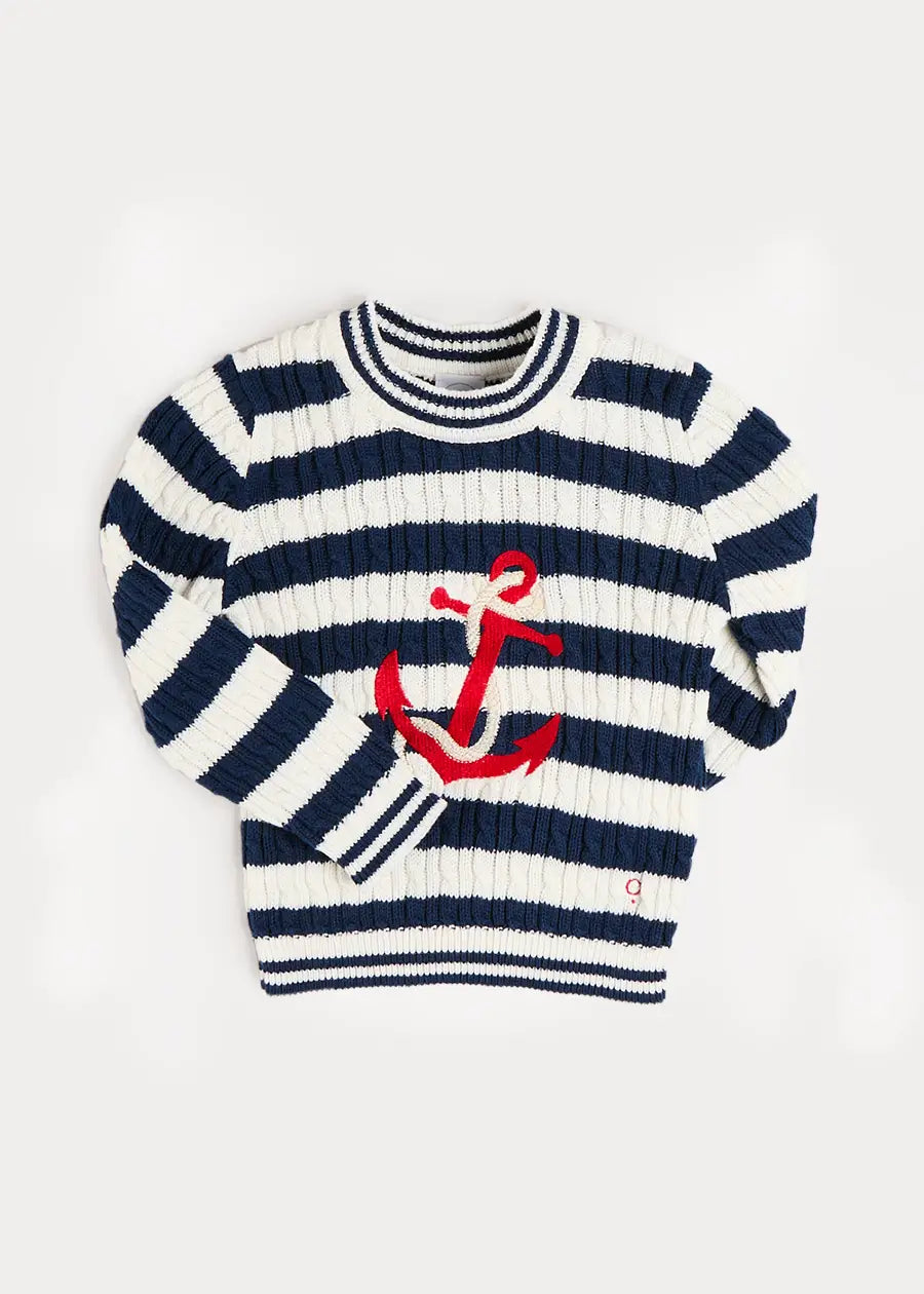 Anchor Motif Cable Knit Sailor Stripe Jumper in Navy (12mths- 10yrs) Knitwear from Pepa London