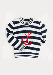 Anchor Motif Cable Knit Sailor Stripe Jumper in Navy (12mths- 10yrs) Knitwear from Pepa London