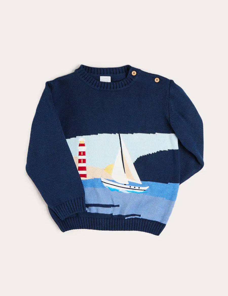 Seaside Postcard Knitted Jumper in Navy (18mths-6yrs) Knitwear from Pepa London