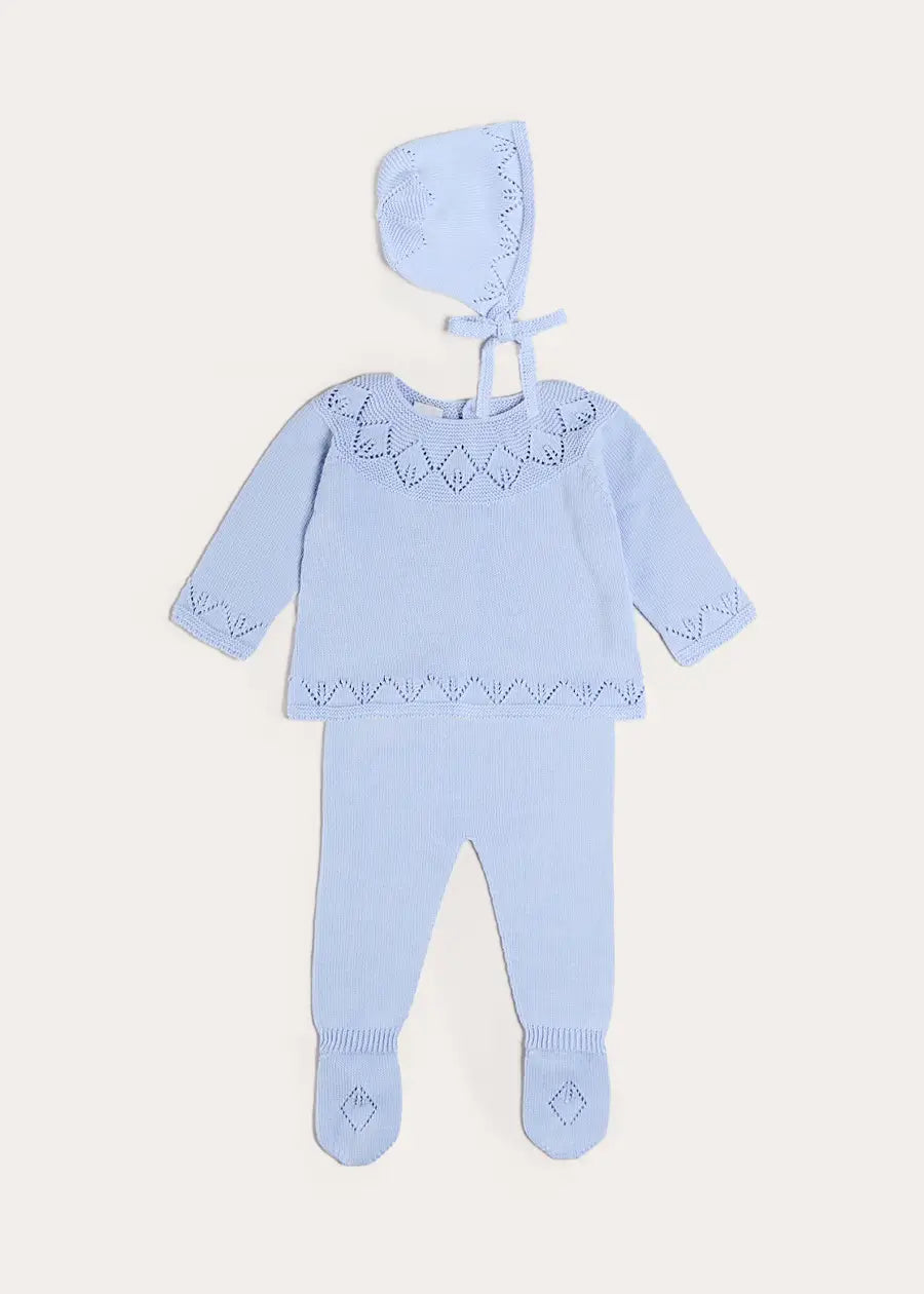 Diamond Openwork Three Piece Knitted Set in Light Blue (1-9mths) Knitwear from Pepa London