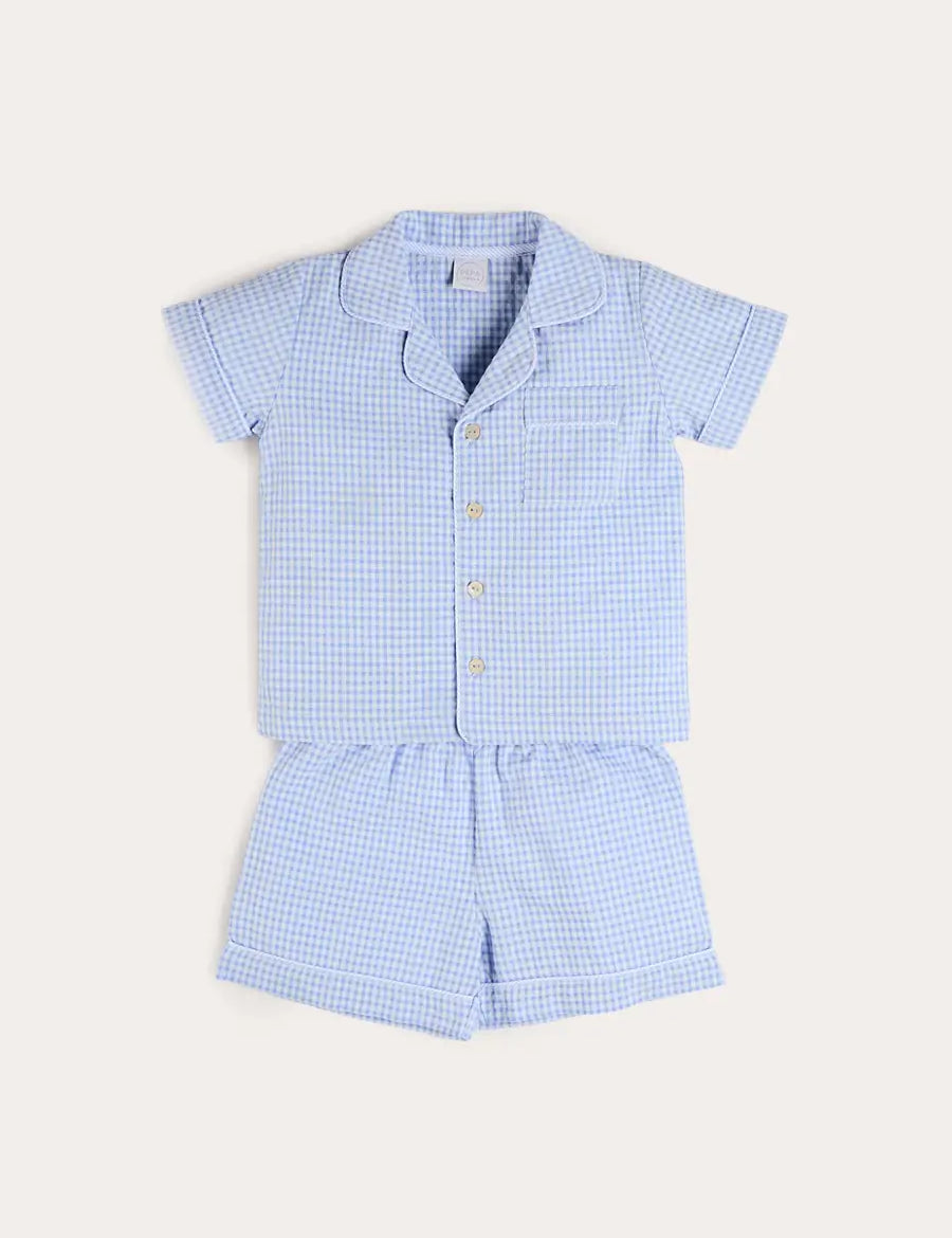 Beauchamp Gingham Short Pyjamas in Blue (18mths- 10yrs) Nightwear from Pepa London