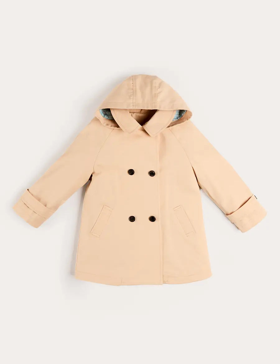 Double Breasted George Check Lined Rain Coat With Detachable Hood in Beige (2-10yrs) Coats from Pepa London
