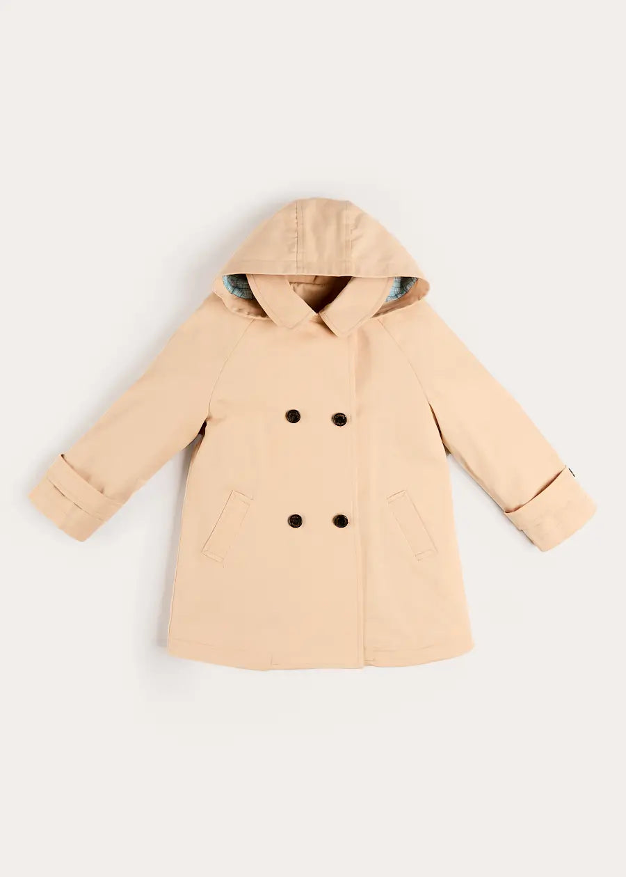 Double Breasted George Check Lined Rain Coat With Detachable Hood in Beige (2-10yrs) Coats from Pepa London