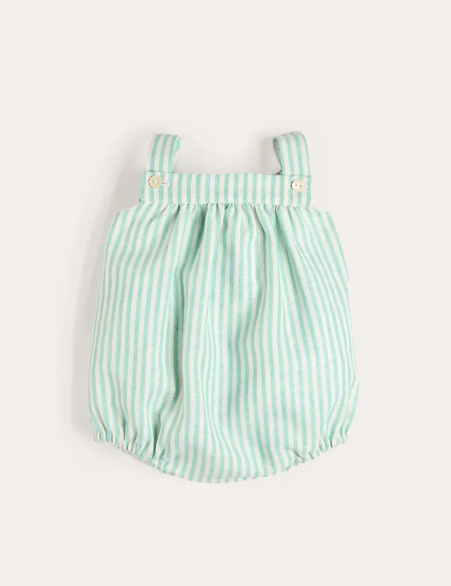 Wimbledon Stripe Button Detail Romper in Green (3mths-2yrs) ROMPERS from Pepa London
