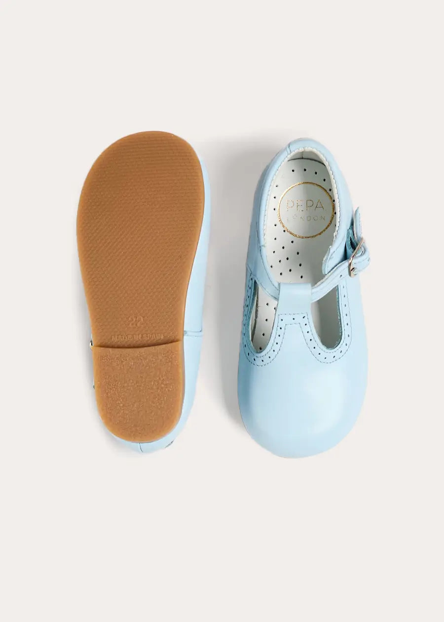 Leather T-Bar Baby Shoes in Sky Blue (20-26EU) Shoes from Pepa London